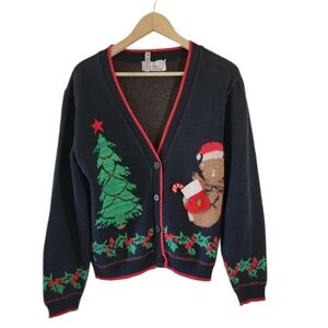 VTG Christmas Sweater Sz M Black 3D-Knit Button-Up Santa Preppy Y2K Festive